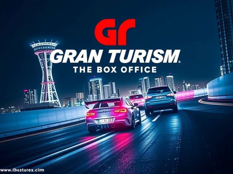 Gran Turismo film cast at premiere with box office numbers overlay
