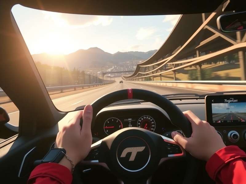 A high-end sim racing wheel setup with Gran Turismo 7 gameplay on a large screen