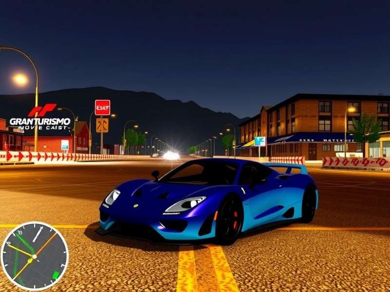 Gran Turismo movie cast photo featuring Archie Madekwe, David Harbour, and Orlando Bloom on the racetrack