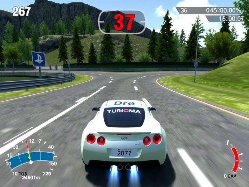 Gran Turismo PS1 gameplay screenshot showing a blue Skyline GT-R racing on a track