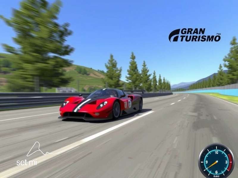 Concept art of Gran Turismo game running on a high-end gaming PC with a racing wheel