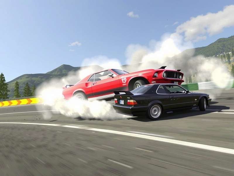Gran Turismo crash scene simulation showing vehicle impact dynamics and damage model